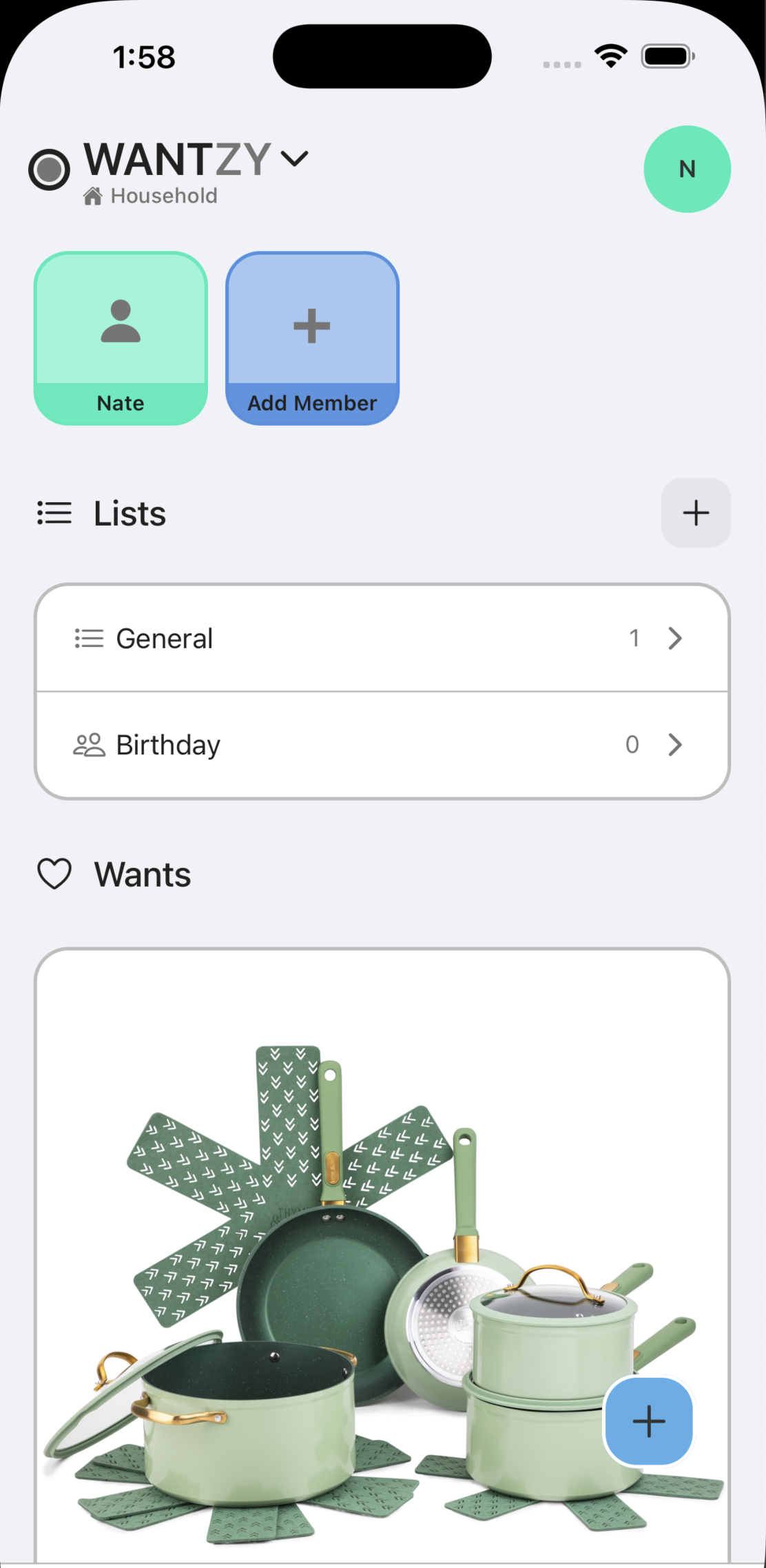 Screenshot of Wantzy app showing a user's wishlist with groups like General, Birthday, and Wants section featuring a green KitchenAid cookware set